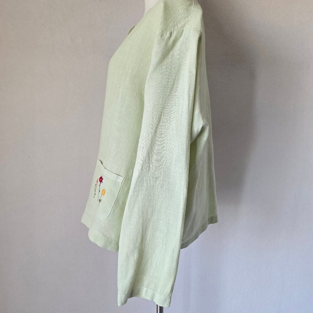 Vintage Hot Cotton by Marc Ware Embroidered Linen Lagenlook Top Button Green - Picture 6 of 12